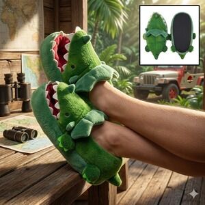 Target Green Dinosaur Plush Novelty Slippers Youth Medium 2/3 Q2/22 RN17730